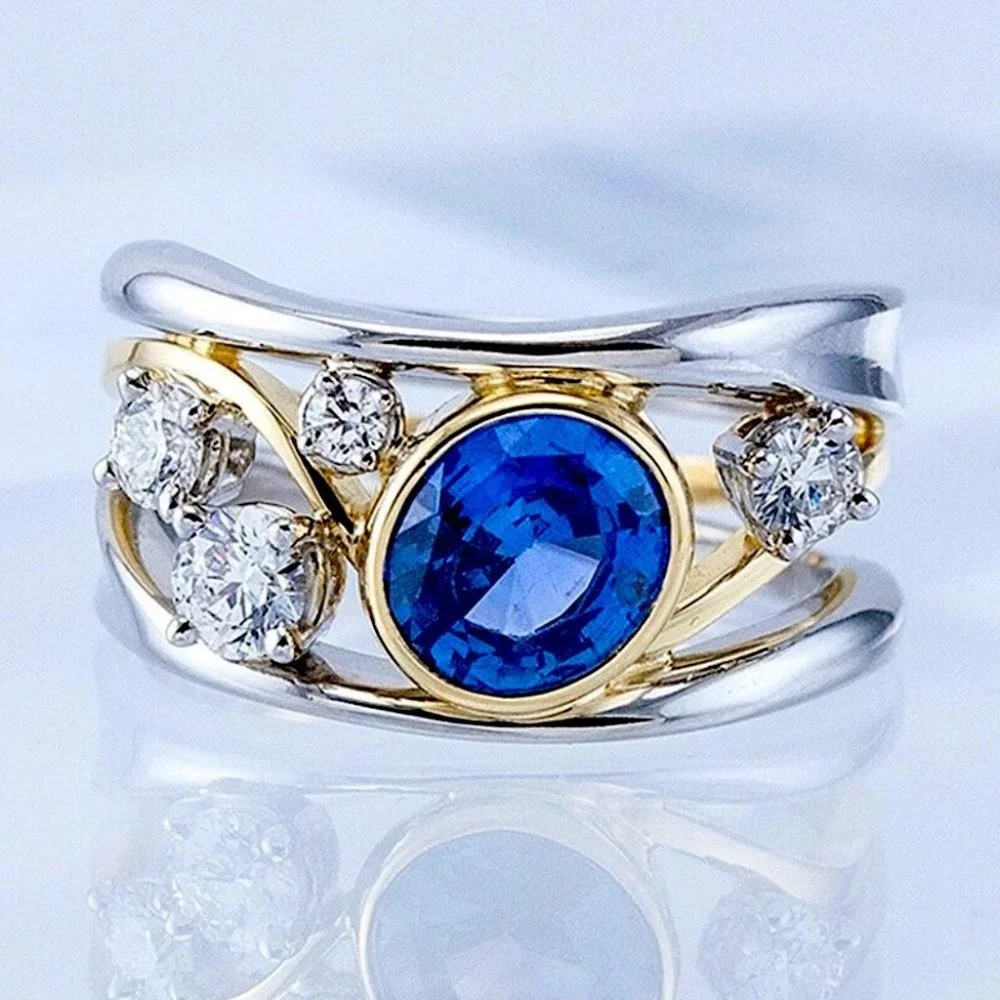 New Two Tone 925 Silver/18k Gold Blue Sapphire Diamond Ring